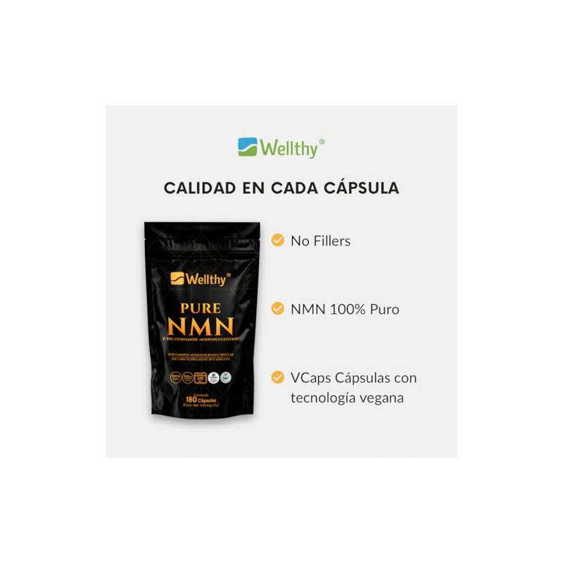 Wellthy Pure NMN 500mg 180 Cápsulas. 100% Puro, b-nicotinamide mononucleotide