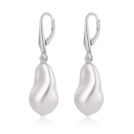 JiaYang Pearl Earrings Silver 925, Pearl Earrings Hanging Women's Pearl Hoop Earrings with Pearls, CZ Diamond Cubic Zirconia Pearls Earrings Silver Pearls Leverback Earrings, Gift for Women, Cubic