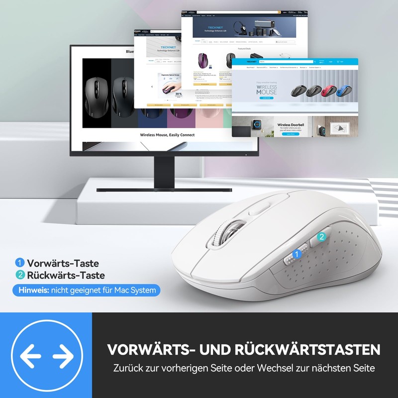 TECKNET Maus Kabellos, Bluetooth Maus (Tri-Mode: BT 5.0/3.0+2.4GHz) Funkmaus mit