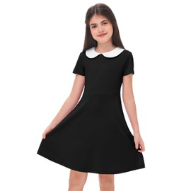 Remimi Girl Peter Pan Collar Dresses Short Sleeve Midi Dress Black Funeral Dress 13-14 Years