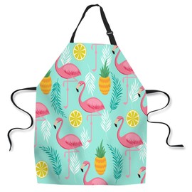afidomu Kitchen Cooking Apron Pink Flamingo Tropical Summer Pineapples Lemon Leaves Green Apron Home Baking Chef Apron Waterproof For Women Men 31X27 Inches