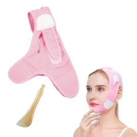 Double Chin Reducer for Women v Line Lifting Mask Double Chin Reducer to Firm Lifted Skin Reusable Chin Strap for Sleeping(Pink) with Scraping Stick