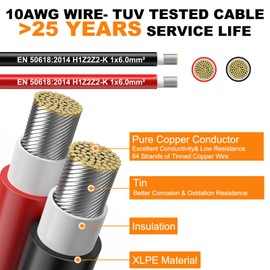Oududianzi Oududianzi 2x50 Feet Solar Panel Wire, 10AWG Solar Wire H1Z2Z2-K Tinned Copper Solar Extension Cable for Photovoltaic Solar System, Automotive RVs, Boats (50FT Red + 50FT Black)