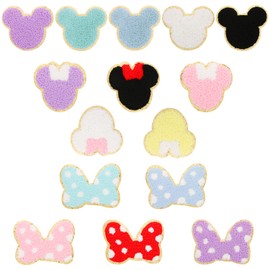 15 PCS Colorful Bowknot Mouse Chenille Iron on Patches, UHOMENY Cute Bow Mouse Head Embroidered Patches Set Sew on Applique Gold Trim Butterfly Patches for Clothing DIY