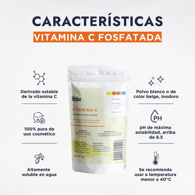 Hebbe - Vitamina C Fosfatada, Antioxidante y Aclarante para Cosméticos,