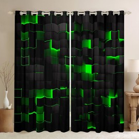 Black Green Curtains & Drapes 46x54 Geometric Check Grid Blackout Curtains For Bedroom Living Room,Stereoscopic Abstract Square Window Curtains Neon Plaid Curtains 2 Panels