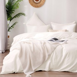 ATsense Duvet Cover Queen Size, 100% Washed Cotton, Linen Feel, Off White Comforter Cover, 3 Pieces Bedding Set, Soft and Breathable, Premium Luxury Hotel Style, Farmhouse Style