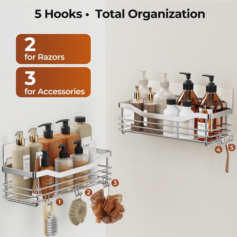 Orimade Shower Caddy Basket Shelf with 5 Hooks Adhesive Organizer