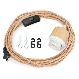 Zevnico 15ft Wood Pendant Light Cord Kit with Shade Ring and ON Off Switch, Hanging Lamp Kit Plug in Cord for Farmhouse, Vintage Swag Light Bulb Cord DIY Twisted Nylon Rope for E26 E27 Socket