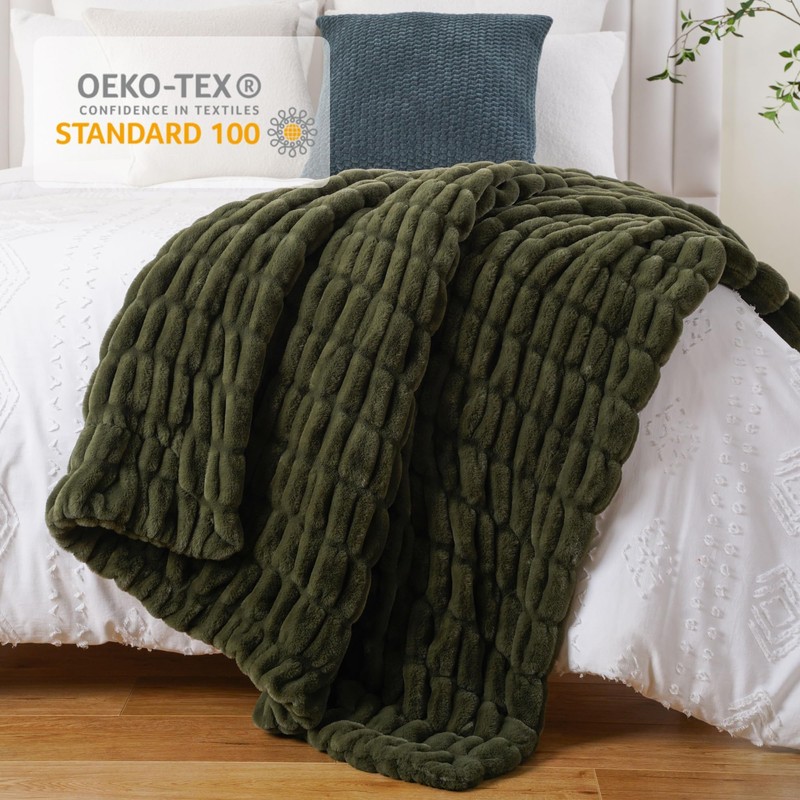 BATTILO HOME Olive Green Faux Fur Throw Blanket for Bed,