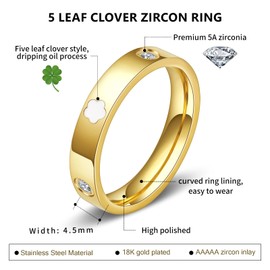 AmorArtSky 18k Gold Five Leaf Clover Dainty Inlaid Zircon Ring for Women:Fashion Lucky Five Leaf Love Promise Rings Stainless Steel Wedding Band Promise Ring Jewelry Birthday Gifts for Women