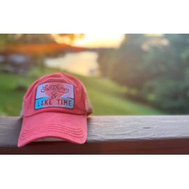 Funky Junque Criss Cross Hat Womens Baseball Cap Distressed Ponytail - Sunshine & Lake Time - Coral