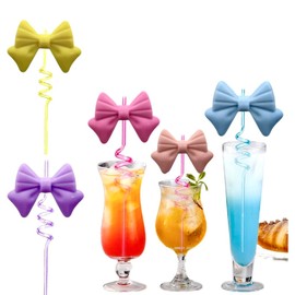 6Pcs Colorful Drinking Straws Bow Spiral Drinking Straws Reusable Straw Set ， for Birthday Party Smoothies, Milkshakes, Juices, Teas Decorations