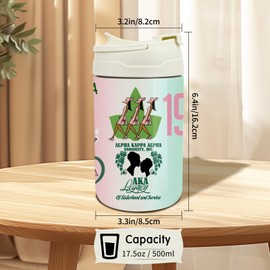 Pink and Green AKA 17.5oz (500ml) Stainless Steel Water Bottle with Silicone Straw and Carry Handle Portable Thermal Mug 1908 Sorority Paraphernalia Gift (Bottle-Pink&Green AKA)