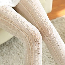 SHTGOI Lolita Tights Hollowout Floral Patterned Fishnet Tights High Waist Lace Fine Tights Kawaii Fishnet Stockings Mesh Tights Lace Pantyhose for Girls and Women, Milk-white