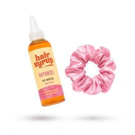 Hair Syrup | Rapunzel Pre-Wash Hair Oil & Scrunchie Bundle | Infused with Pink Grapefruit, Sweet Almond & Cherry | Revitalise Your Scalp & Mind | Vegan | 100% Natural | 100ml