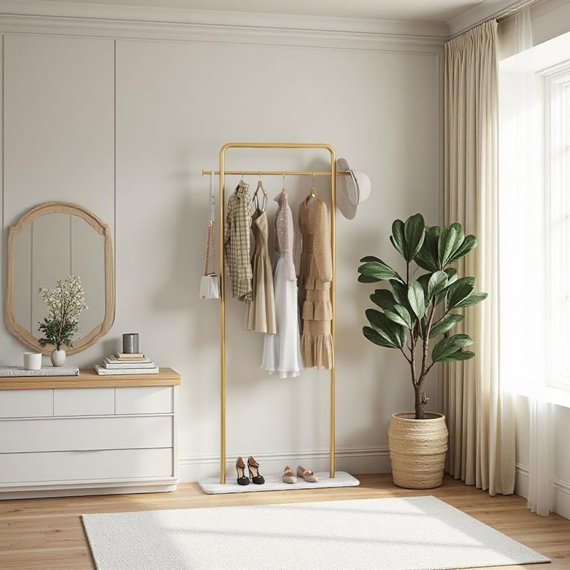 KaKaBB Gold Clothing Rack with Marble Base, Heavy-duty Garment Rack,