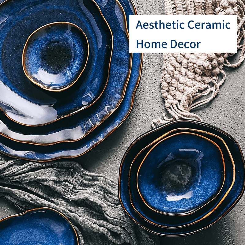 VOMANA Ceramic Decorative Bowl, Blue Pottery Key Bowl, Porcelain Versatile