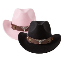Zokunari Womens 2 Pack Western Style Cowboy Hats with Wide Belt Buckle Black+Pink