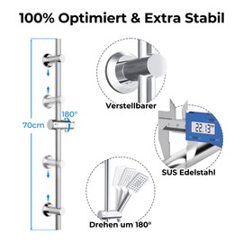 JOHO Shower Rail Stainless Steel with Shower Head Holder and Variable Wall Fixings, Existing Drill Holes Useable, Shower Rail 70 cm, Chrome