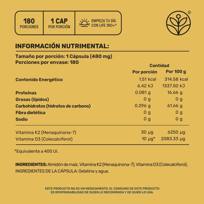 Suplemento Cápsula Life360 Life 360 K2d3 Almidón Maíz Vitaminas 480mg