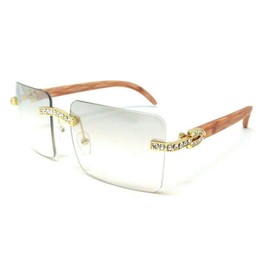 Dweebzilla Dasher XL Rimless Square Rhinestone Metal & Faux Wood Luxury Sunglasses (Gold & Light Brown Wood, Grey Smoke Lenses)