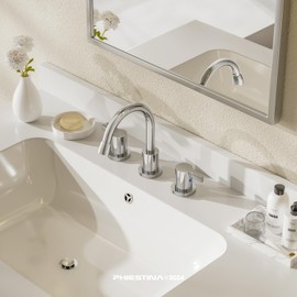 Phiestina Pull Down Sprayer Chrome 8 Inch 3 Hole Bathroom Sink Faucet, 2 Handles Widespread Pull Out Bathroom Faucet，with Metal Pop-Up Drain and Water Supply Line，BF04012-K01-C