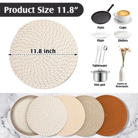SiliFine 8 Pcs Boho Round Woven Placemat Set of 4/6/8, 11.8" Woven Cotton Rope Round Placemat with Basket, 4.3" Drink Coaster with Holder, Nonslip and Heat Resistant Place Mat for Decor (Mix Brown)