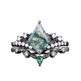 YYmqmq Black Moss Agate Promise Ring Set for Women 925 Sterling Silver Kite Moss Agate Engagement Ring Wedding Ring Set Jewelry Gifts for Women Wife Bridal Her Size 8