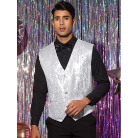Lars Amadeus Shiny White Sequin Vest for Men's V-Neck Party Sleeveless Suit Waistcoat Large