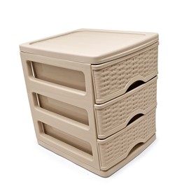 3 Drawers Plastic Desktop Storage Unit with Drawers, Stationary Arts Drawer Desktop Tabletop Organiser Storage Tower Unit for Office Bedroom Garage (17 x 13.5 x 17cm - Rattan Taupe)