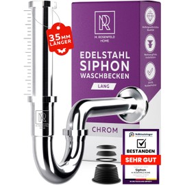 M. ROSENFELD HOME Siphon Sink 1 1/4 Inch Size L - Height Adjustable Tube Siphon 85-110 mm - Stainless Steel Odour Trap - Drain Pipe for Bathroom & Guest Toilet - Includes Seals & Rosette 65 mm