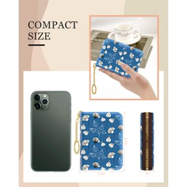 Rouidr Credit Card Holder for Women, Small Slim RFID Card Organizer Wallet with Zipper and Keychain, Blue White Plants