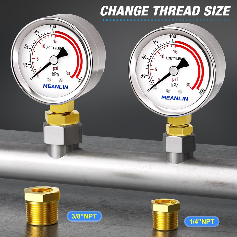 MEANLIN MEASURE Low Pressure Gauges for Acetylene Regulator 1/4" NPT