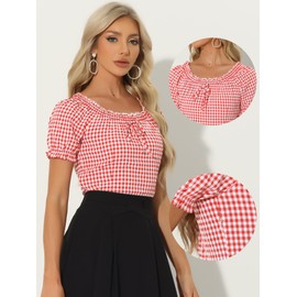 Allegra K Gingham Top for Woman's 2025 Plaid Peasant Round Neck Ruffles Cute Puff Sleeve Tops X-Large Red