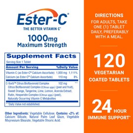 Ester-C Vitamin C 1000 mg Coated Tablets, Immune System Booster, Stomach-Friendly Supplement, 120 Count