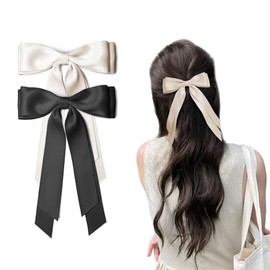 Hair Bows 2PCS Black Bow for Hair Silky Satin Ribbon Beige Bow Hair Clips Ponytail Holder French Hair Barrette Hair Accessories for Women Girls