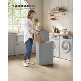 SONGMICS Laundry Hamper with Lid, 2-Section Large Laundry Basket, 34.3-gallon (130L), Removable Mesh Liner, Bamboo Handles, Collapsible, 20.5 x 15.2 x 27.8 Inches, Dove Gray ULCB513G01