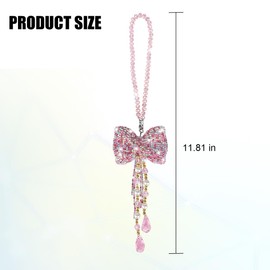 Sandfren Bling Bow Car Rear View Mirror Pendant, Cute Crystal Rhinestone Vehicle Rearview Mirror Hanging Ornament, Diamond Auto Interior Decoration Charms, Universal for Truck SUV Sedan (Pink)