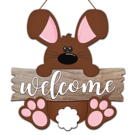 10" Happy Easter Wooden Hanging Sign - Welcome - Easter Cute Bunny Pattern, Country/Retro Style, Indoor and Outdoor Spring Decorations, Farmhouses, Homes, Decoration & Gift (Brown Rabbit) - A05