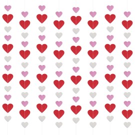 8 Packs Red Pink Silver Glitter Heart Garland String Valentines Decorations - NO DIY - Valentines Day Paper Heart Garland Banner for Home Manlte Anniversary Wedding Birthday Valentines Heart Decor
