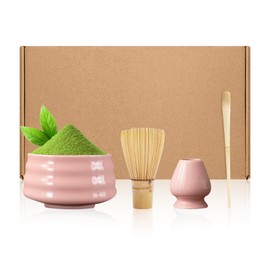 CHEHILL Juego de 5 Batidor de Matcha y Tazón, Kit de Matcha Include Batidor y Soporte, Cuchara de Bambú y Tazón (Rosa)