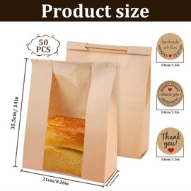 50 Pcs Bread Bags with Window Bread Bags for Homemade Bread Sourdough with Metal Tin Strip and Cute Seal Stickers Bakery Food Packaging Storage Cookie Bag Bread Gift Giving（14 x 8.3 x 3.3 In）