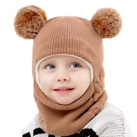 Baby Winter Hat,Winter Hats for Kids Winter Warm Hat Hooded Scarf Set Windproof Beanie Cap,Toddler Winter Hat Pom Pom Hats for Babies 1-3 Boys Girls Christmas Birthday Gifts (UK, Age, One Size, Khaki)