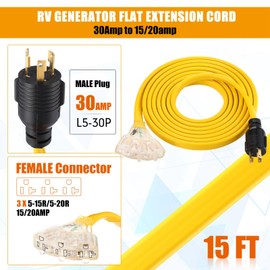 Tellegloww RV Generator Flat Extension Cord Compatible with NEMA L5-30P to 3X 5-20R/5-15R, 30A 3Prong Lock Generator to 110V 15/20A Household Outlet Distribution Adapter, 10 Gauge, ETL Listed(15ft)