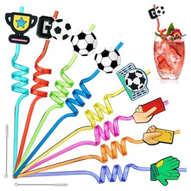 16 Stk Fußball Kinder Strohhalme, Lockige Party Trinkhalme Plastikstrohhalme Wiederverwendbare mit 2 Reinigungsbürsten, für Familienfeiern, Geburtstag Deko, Partys, Dekorationen zum Thema Fußball