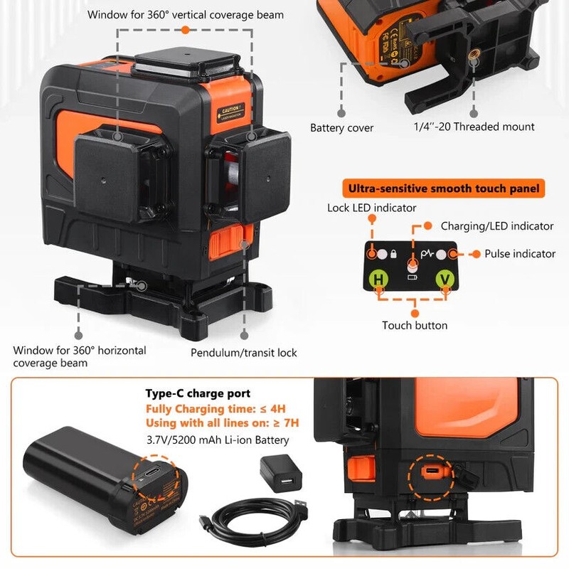Tacklife 3 x 360 Degree Laser Level Self-Leveling Green Cross