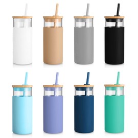 Tronco 20oz Glass Tumbler Glass Water Bottle Straw Silicone Protective Sleeve Bamboo Lid - BPA Free (Mixed color/8 Pack)