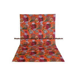 Sophia-Art Twin/King Indian Fruit Reversible Bedspread Pattern Gudri Pure Cotton Kantha Style Quilt Floral Fruit Print Decorative Kantha Stitch Quilt (Orange, Twin 60 * 90 Inches)