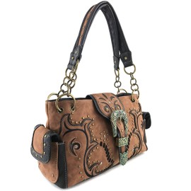 Justin West Patina Girl Western Bronze Floral Buckle Handbag Purse Tote and Strap Wallet (Brown Handbag Only)